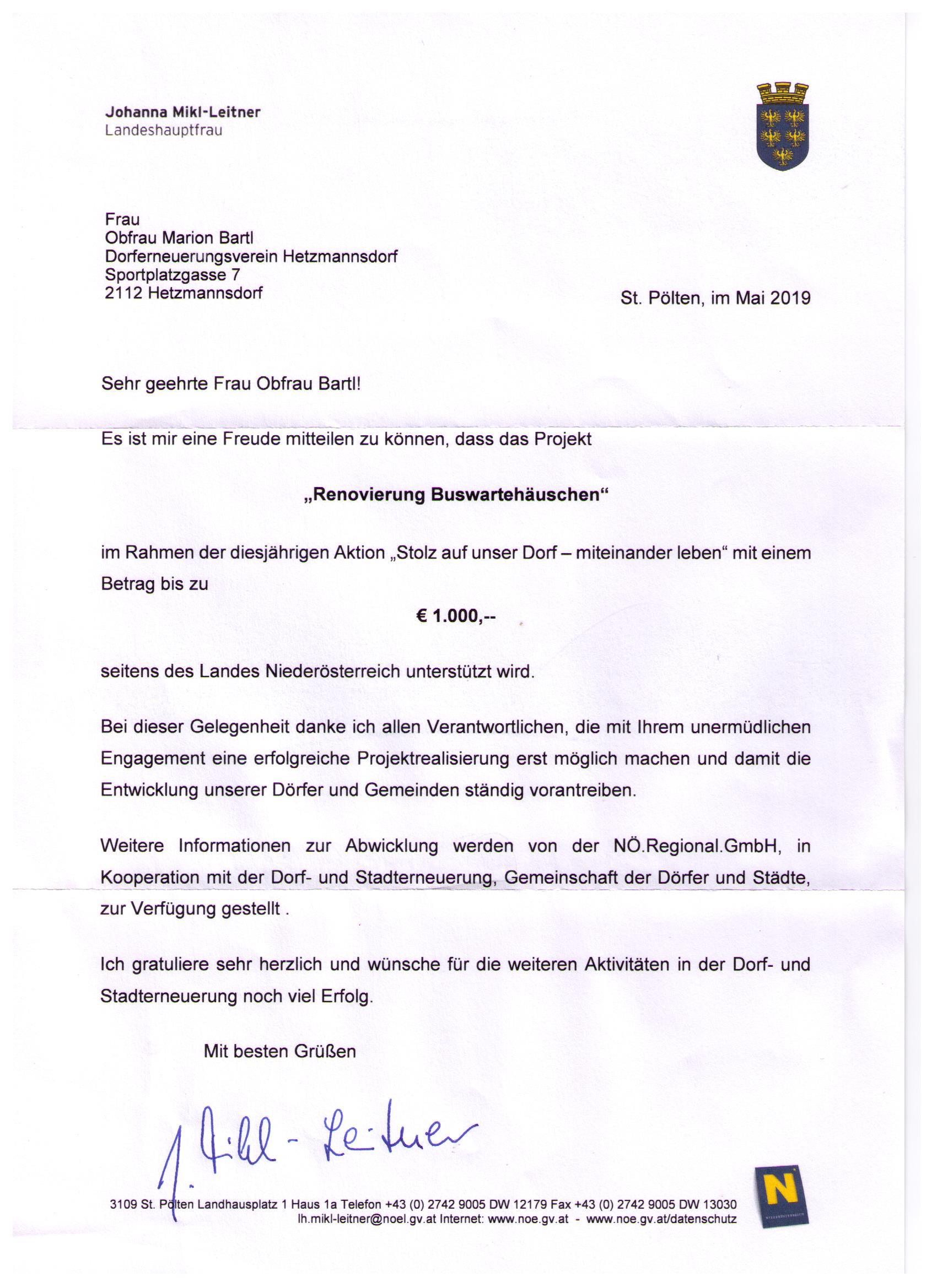 Schreiben der Niederösterreichischen Landeshauptfrau
